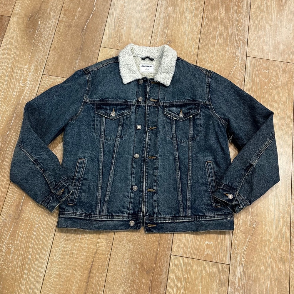 Old Navy Mens Sherpa Lined Denim Trucker Jacket Dark Wash Large
